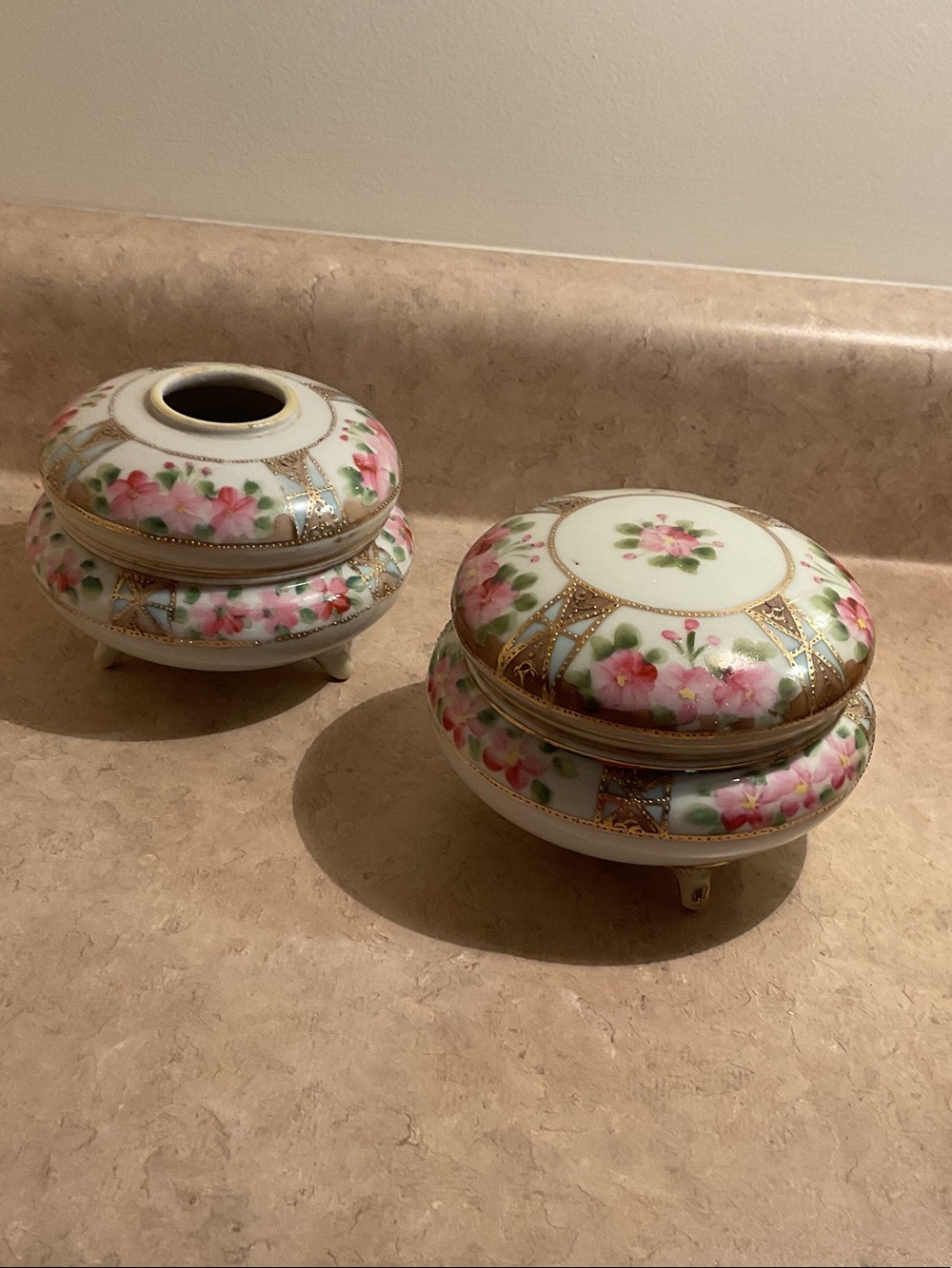 Antique hair receiver and Porcelain Floral Trinket box with gold gilt.